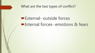 What are the two types of conflict?
External- outside forces
Internal forces- emotions & fears
 