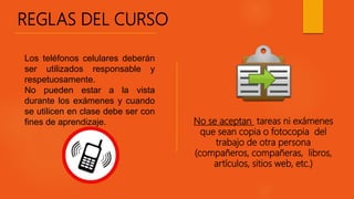 Los teléfonos celulares deberán
ser utilizados responsable y
respetuosamente.
No pueden estar a la vista
durante los exámenes y cuando
se utilicen en clase debe ser con
fines de aprendizaje. No se aceptan tareas ni exámenes
que sean copia o fotocopia del
trabajo de otra persona
(compañeros, compañeras, libros,
artículos, sitios web, etc.)
REGLAS DEL CURSO
 