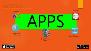 APPS
MATERIAL
Dictionary
Dictionary
Pronunciation
Dictionary
Verbs Dictionary
English News in
levels
 