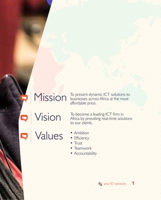 1
To present dynamic ICT solutions to
businesses across Africa at the most
affordable price.
Values
Vision
Mission
•	Ambition
•	Efficiency
•	Trust
•	Teamwork
•	Accountability
To become a leading ICT firm in
Africa by providing real-time solutions
to our clients.
1your ICT panacea . . .
 