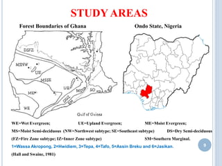 9
STUDY AREAS
Forest Boundaries of Ghana Ondo State, Nigeria
WE=Wet Evergreen; UE=Upland Evergreen; ME=Moist Evergreen;
MS=Moist Semi-deciduous (NW=Northwest subtype; SE=Southeast subtype) DS=Dry Semi-deciduous
(FZ=Fire Zone subtype; IZ=Inner Zone subtype) SM=Southern Marginal.
1=Wassa Akropong, 2=Hwidiem, 3=Tepa, 4=Tafo, 5=Assin Breku and 6=Jasikan.
(Hall and Swaine, 1981)
 
