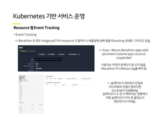 • Event Tracking
-> Marathon 의 경우 image pull 이나 resource 가 없어서 스케줄링에 실패 했을 때 waiting 상태로 기다리고 있음.
<- Case : Mesos Marathon apps with
persistent volume apps stuck at
suspended
사용자는 무엇이 문제인지 알 수가 없음.
Marathon 이나 Mesos log를 봐야 함
<- 슬레이브가 네트워크 단절로
마스터와의 연결이 끊어지면
리스트에서 삭제해버림.
슬레이브가 수 천 수 백대 되는 상황에서
어떤 슬레이브가 아직 못 붙었는지
확인하기가 어려움.
 