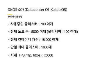 () )
• 사용중인 클러스터 : 700 여개
• 전체 노드 수 : 8000 여대 (물리서버 1100 여대)
• 전체 컨테이너 개수 : 18,000 여개
• 단일 최대 클러스터 : 1600대
• 최대 TPS(http, https) : x0000
 