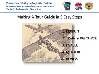 Using critical thinking and reflection to deliver
behaviour-changing environmental education:
the Coffs Ambassadors Tours story
Making A Tour Guide in 5 Easy Steps
1. RECRUIT
2. TRAIN & RESOURCE
3. ENABLE
4. MENTOR
5. REVIEW
 