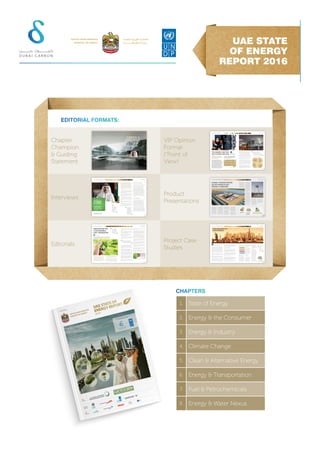 1. State of Energy 
2. Energy & the Consumer ­
3. Energy & Industry 
4. Climate Change
5. Clean & Alternative Energy
6. Energy & Transportation
7. Fuel & Petrochemicals
8. Energy & Water Nexus
CHAPTERS
EDITORIAL FORMATS:
Chapter
Champion
& Guiding
Statement
127
State of energy report
UAE 2015
01. State of tHe energy
04
GREEN &
EffIcIENT
cITIES
His ExcEllEncy
SAEED MOHAMMED AL TAYER
MAnAging direCtor And Chief exeCUtive offiCer of the dUbAi
eleCtriCty And WAter AUthority (deWA)
The DSM Strategy is based on
8 programmes including Green
building specifications and regu-
lations, retrofitting of buildings,
district cooling, wastewater reuse
for irrigation, standards and labels
for appliances and equipment,
and lighting systems. The strategy
introduces mechanisms that are
aligned with international best
practices implemented world-
wide. The mechanisms include
capacity-building, promoting
public awareness, adequate
policy and regulatory framework,
information systems, and financ-
ing mechanisms specifically
adapted for Dubai.
The Supreme Council of Energy
has also encouraged the Energy
Services Companies (ESCO)
market in the Emirate to promote
demand reduction. The Council
launched Etihad Energy Service
Company to provide energy
efficiency solutions to imple-
ment demand management and
reduction mechanisms, which
can be achieved in cooperation
with partners through financial,
technical, and performance guar-
antees to further establish Dubai
as a global energy efficiency
hub and create a better business
environment.
in June 2013, the Dubai Supreme Council of Energy announced the Energy Demand Side
Management (DSM) Strategy that complies with the fundamentals of the UAE National
Agenda, including the Green Economy for Sustainable Development initiative and the
UAE Vision 2021. Today, the Supreme Council of Energy is considering the formation of
an agency for energy efficiency to manage energy projects in Dubai.
VIP Opinion
Format
(“Point of
View)
21
State of energy report
UAE 2015
01. State of tHe energy
Proved crude oil reserves
million barrels
Natural gas reserves billion cu m
Crude oil production 1,000 b/d
Natural gas marketed production
million cu m
Reﬁnery capacity 1,000 b/cd
97,800
6,091
2,797
54,600
707
The UAE’s Oil and Gas in Figures 2013
Source: OPEC Annual Statistical Bulletin 2014
In 2013 approximately 25 per cent of the country’s gross
domestic product was directly based on oil and gas output,
making the export and refinery of hydrocarbon products like
petroleum, crude oil, and natural gas the backbone of the UAE
economy (according to the CIA World Factbook). This rev-
enue continues to fuel aspects of the UAE’s rapid economic
and social development, which started in the 1960s and has
continued at a speed and to an extent that has impressed the
international community and made citizens and residents alike
proud to call the UAE home. The United Nations Human Devel-
opment Index (HDI) ranks the UAE in the very high category.
But this is only one part of the story. As the UAE concluded
celebrations of the 40th anniversary of the federal union of the
seven emirates in 2011, the country’s leaders turned the page
to the next chapter: Vision 2021.
The President of the UAE, His Highness Sheikh Khalifa bin
Zayed Al Nahyan, and Vice President and Prime Minister of the
UAE and Ruler of Dubai, His Highness Sheikh Mohammed bin
Rashid Al Maktoum, have outlined and defined the UAE Vision
2021 in order to accelerate development and elevate the UAE
to the international top rankings in the respective categories by
2021, coinciding with the UAE’s celebration of its union’s golden
jubilee. The strategy document sets ambitious and defined per-
formance indicators and targets for the major areas of national
development.
HH Sheikh Mohammed Bin Rashid Al Maktoum specified that
the UAE strives for: “Firstly, ambitious, confident people who
respect and value their heritage; secondly, a strong union with
a common destiny; thirdly, a competitive economy led by UAE
Nationals characterised with innovation and knowledge; and
fourthly, high quality of life endowed with a sustainable
environment”.
The energy sector plays an important
role in shaping the UAE’s internal and
external strategies and policies. Since the
discovery of oil and gas more than half a
century ago, the UAE has become a central
player in the global hydrocarbon energy
market, providing a reliable and stable
supply of energy. Bloomberg cites the
UAE as the fifth-largest oil producer in the
Organization of the Petroleum Exporting
Countries (OPEC), with an oil output
averaging 2.79 million barrels per day (bpd)
in 2013, reaching close to 3 million bpd
THE ENERgy SECTOR
ON COURSE fOR 2021 By HE Eng. Fatima
Al Foora Al Shamsi
MAIN REPORT
OffERINg THE OpTION
fOR A MORE SUSTAINAblE
fUEl SOlUTION
UAE Vision 2021 Key Pillars
United in Ambition and
Responsibility:
An ambitious and
conﬁdent nation
grounded in its heritage.
United in
Destiny:
A strong union
bonded by a
common
destiny
United in
Knowledge: A
competitive
economy driven
by knowledgeable
and innovative
Emiratis.
United in Prosperity:
A nurturing and
sustainable
environment for
quality living
As the UAE concluded
celebrations of the 40th
anniversary of the federal union
of the seven emirates in 2011, the
country’s leaders turned the page
to the next chapter: Vision 2021.
some days, and with production capacity
set to rise to 3.5 million bpd by 2017. Market
production of natural gas reached 54.60
billion cubic metres in 2013.
As a means to
achieve the UAE
Vision 2021 in time,
the government
announced a seven-
year National Agenda
in January 2014.
Interviews
71
State of energy report
UAE 2015
02. clean and renewable energy
INTERVIEW
iNTERViEW:
HE SAEEd
Al TAyER
Managing Director
& CEO of Dubai
Electricity & Water
Authority
Earlier this year, DEWA pledged to
introduce smart initiatives in three specific
areas in line with Dubai’s evolution to
become a smart city: small-scale use of
solar panels, smart meters and electrical
vehicle charging stations. Can you
elaborate on these smart initiatives? How
can these measures help Dubai transition
into a connected, intuitive and efficient
(smart) city?
DEWA has introduced three initiatives to support the vision
of HH Sheikh Mohammed bin Rashid Al Maktoum, Vice
President and Prime Minister of the UAE and Ruler of Dubai,
for Dubai to become the smartest city in the world. These
three initiatives will bring greater utility and awareness to
Dubai’s citizens and residents.
The first initiative will enable residents and property-owners
to generate their own electricity by installing solar panels
within their properties to provide clean, renewable energy
for their homes and businesses with any surplus energy
being exported to DEWA’s power grid.
The second initiative will see the transformation of existing
electricity and water meters into smart meters, which will
provide regular updates for customers on how much they
consume each month. This data will be available through
smart-phone applications to enable customers to make
informed decisions about how they can further reduce their
bills.
The third initiative will see the construction of vehicle-
charging stations for electric vehicles to provide the required
infrastructure to encourage the use of non-polluting vehicles
in Dubai.
These measures will directly contribute towards Dubai’s
transformation to become the smartest city in the world.
DEWA is also contributing to this, with the delivery of smart
services through smartphone and smart tablet applications
that provide customers and residents with access to DEWA’s
services on a 24-hour a day, seven days a week basis.
What support are you providing to
encourage the use of solar panels?
DEWA will enable the connection of distributed solar
panels into the DEWA grid under the Distributed Renewable
Resources Programme. This initiative will encourage
households and building owners to install photovoltaic
solar panels to produce electricity and use it within
their own premises for private consumption, with the
surplus to be exported to DEWA’s grid. The installation
of solar panels will contribute in diversifying Dubai’s
energy sources and supporting the Green Economy and
Sustainable Development initiative announced by HH Sheikh
Mohammed bin Rashid Al Maktoum. It also complements
the Dubai Integrated Energy Strategy 2030, which aims
to reduce energy demand by 30 per cent by 2030, and to
diversify the energy mix of the Emirate, with 5 per cent
from solar power. The regulatory framework governing the
Distributed Renewable Resources Programme, including
technical standards for the equipment and connection
procedures, are currently being finalised, and this will enable
the first pilot connections over the coming few months.
Customers can express their interest through DEWA’s “One
Window Application”, which will also be used to manage
customer interactions within the programme, once it is fully
implemented.
How do smart meters help
you manage the grid?
DEWA is implementing its smart-grid strategy to create
a network that will manage the development of new
services and energy technologies and enhance network
management, to enable Dubai’s residents to better
control their requirements for energy and water. DEWA
has initiated a five-year plan to replace conventional
mechanical and electromechanical meters with Smart
Meters which will enable DEWA to provide various benefits
and new applications to its customers, including automatic
and detailed readings – both current and historical. The
data obtained through these readings will be available
to customers to monitor actual consumption over a
specific period of time, enabling better understanding and
management of bills. Additionally, such data will help identify
energy-efficiency measures and will enable comparisons
to be made. The Smart Meters will support the installation
of renewable sources of energy in residential, commercial
and industrial sectors, by comparing energy usage between
consumption and generation. DEWA will install 200,000
Smart Meters over the next three years across Dubai, which
will be connected to new advanced computerised systems
and software. Work on the first stage has already started and
is expected to be completed before the close of 2015.
DEWA will enable
the connection of
distributed solar
panels into the
DEWA grid under
the Distributed
Renewable
Resources
Programme.
Customers can
express their interest
through DEWA’s
“One Window
Application”, which
will also be used to
manage customer
interactions within
the programme,
once it is fully
implemented
Product
Presentations
85
STATE Of ENERgy REpORT
UAE 2015
02. ClEAN ANd RENEWAblE ENERgy
85
SHAMS 1 CONCENTRATEd
SOlAR pOWER plANT:
pROjECT OVERVIEW
In March 2013, Abu Dhabi’s
future energy company,
Masdar, inaugurated the largest
solar power plant built in the
Middle East. With a capacity
of 100 megawatts (MW) –
enough to power 20,000
homes – Shams 1 is one of the
world’s largest concentrated
solar power (CSP) plants. It
stands as an engineering
feat and makes a significant
contribution in helping the
UAE meet its ambitious energy
diversification goals.
The Shams 1 power plant cost
US $600 million to build over
three years and Masdar owns a
60 per cent stake in the project
with the remaining 40 per cent
shared by Total and Spain’s
Abengoa Solar. The latter is
the world’s largest developer
of CSP and owns almost three
quarters of global capacity.
Shams 1 covers an area of
2.5 square kilometres – the
equivalent of 285 football fields
– and incorporates the latest in
parabolic trough technology.
The power plant displaces
approximately 175,000 tonnes
of carbon dioxide annually.
This is equivalent to planting
1.5 million trees, or removing
15,000 cars from the roads.
The sun’s energy is harvested
across Shams 1 through
258,000 mirrors mounted
on 768 tracking parabolic
trough collectors. These
work to capture sunlight
and concentrate it to heat
synthetic oil, which is then
used to produce steam.
This steam in turn drives an
electricity turbine to generate
power. Besides the energy it
generates from the sun, Shams
1 also relies on a small amount
of natural gas to boost the
temperature of the steam as
it enters the turbine. This has
served to dramatically increase
the turbine’s overall efficiency.
The plant is situated in the
town of Madinat Zayed, 120
kilometres from Abu Dhabi city,
in the Western Region. Situated
on the edge of the Rub' al
FACT BOX
Khali (the Empty Quarter),
the engineering team had to
apply a number of solutions
to ensure the plant’s resilience
in the hot and arid desert
climate. In an effort to reduce
water use, the plant features
a dry-cooling system for the
electricity turbines. Improving
water efficiency is a priority
for the UAE given the scarcity
of fresh water resources in the
global renewable energy
map. Following the plant’s
successful launch in 2013, the
country now ranks third in
the world in terms of installed
CSP capacity, according to a
report by REN21 (Renewable
Policy Network for the 21st
Century). The UAE is third
only to Spain (with 2,300 MW
of CSP) and the United States
(with 882 MW), in terms of
capacity. With global CSP
capacity rising by 36 per
cent in 2013 alone, Masdar’s
decision to invest in the
technology at such a scale is
a timely decision – one which
looks to help Abu Dhabi
secure economic, social, and
environmental benefits for
years to come.
country, and the associated
energy and carbon costs of
desalination. Another locally-
specific feature of Shams 1
deals with the strong desert
winds which bring with
them lots of sand particles.
Grains of sand settling on
the energy-concentrating
mirrors significantly reduce
the mirrors’ ability to collect
and concentrate sunlight,
thus diminishing the plant’s
overall operating efficiency.
A seven metre high wall and
wind break was therefore
built around the entire Shams
1 complex, in order to help
mitigate the impact of the
sand particles.
The Shams 1 project is not
only the first large-scale
renewable energy project in
the UAE, but is also a major
step towards diversifying
the country’s energy mix.
Clean energy investments
such as these are also
building knowledge capital
domestically. The experience
derived from building the
plant has effectively helped
boost Masdar’s expertise and
ability to deliver other CSP
plant projects both in the UAE
and abroad. The construction
phase has also offered
attractive economic benefits
to local businesses which
were able to contribute during
the design and construction
phases of the project.
Besides the benefits to the
local economy, Shams 1
has also put the UAE on the
100 MWenough to power 20,000
homes
The Shams 1 power plant cost
Us $600
million
Shams 1 covers an area of 2.5 square kilometres =
285 football fields
Editorials
03. Fuel & InFrastructure
109
State of energy report
UAE 2015
The energy sector of oil-rich countries in
the Gulf region faces a curious dilemma
that is little discussed. While the use of
oil revenues to finance infrastructure
development is well-accepted, discussions
on the implications of domestic demand are
often limited to industry forums that fail to
generate much public attention.
From a historical perspective, the Gulf region is today
witnessing an energy sector challenge that is unprecedented.
The era of self-sufficiency and energy surplus is giving way to
concerns about rising fuel prices and net imports.
Two factors have brought about this dramatic shift in the long
term outlook for the oil and gas sector. The first is a growing
population that results in steadily increasing demand for
power, fuel and energy resources. The second is the massive
investment in infrastructure development across the region to
drive social growth through job creation and greater economic
The large number
of mega-projects
with a combined
value of US$2.62
trillion signifies
an increase in the
demand for power,
water and fuel.
COMMENTARY
By Saeed Khoory
MAXIMISINg dOMESTIC ENERgy pROdUCTION ANd EffICIENCy
WHIlE SIMUlTANEOUSly EXplORINg THE pOTENTIAl fOR
RENEWAblE ENERgy SOURCES IS kEy TO A ‘gREEN’ fUTURE
INNOVATION fOR
A SUSTAINAblE
fUEl fRAMEWORk
One of the central initiatives of
ENOC to promote a sustainable fuel
industry is accelerating the use of
Compressed Natural Gas (CNG).
competitiveness. While new infrastructure is both welcome and
needed, the large number of mega-projects with a combined
US$2.62 trillion in value signifies an increase in the demand for
power, water and fuel.
This is where the region faces its dilemma; utilising more oil
and gas reserves to meet growing domestic energy demand
results in fewer resources available for export, which in turn
reduces foreign exchange reserves and limits the future budget
allocation for infrastructure development.
In addition, changing global energy dynamics and the
development of new technologies, such as the shale gas
revolution in the US, may result in cheaper sources of fuel
increasingly coming on to the market.
For the energy sector in the region, the key to overcoming this
challenge is to focus on two important aspects. The first is to
maximise production and operational efficiency in the energy
sector, and the second is to explore the potential for renewable
sources of energy.
The UAE is a strong advocate of both these strategies, which
is reflected in the Dubai Integrated Energy Strategy 2030 by
the Supreme Council of Energy. Dubai’s long-term strategy is
to diversify the energy mix by including sustainable sources
such as solar and clean coal, and to reduce energy and water
demand by 30 per cent through efficiency improvements and
public awareness.
For the automotive industry, this represents a strong
opportunity for a transformational shift to greener, cleaner and
more efficient alternatives. Dubai is leading the way with plans
to install electric vehicle chargers that power vehicles that are
non-polluting and not dependent on traditional fuels.
Such innovative approaches are critical in creating a sustainable
framework for the fuel industry. ENOC has been at the forefront
of strengthening awareness of sustainable energy solutions,
and has introduced several ground-breaking initiatives to help
develop a greener fuel industry. Our emphasis is on ensuring
that every molecule of fuel, wherever possible, is conserved.
One of the central initiatives of ENOC to promote a sustainable
fuel industry is accelerating the use of Compressed Natural
Gas (CNG) as a cleaner and greener fuel for automobiles.
Emirates Authority for Standardisation & Metrology, the UAE’s
sole standardisation body, has officially nominated Emirates
Gas (EMGAS) as the implementing agency for CNG activities
in the UAE.
Already, EMGAS has a CNG mother station located close to its
facilities in Jebel Ali, from where dedicated CNG tankers receive
and distribute the fuel to customers including DP World, Dubai
Police and Dubai Airports.
Three dedicated CNG daughter stations have been installed at
the premises of EMGAS customers for the quick and efficient
distribution of CNG.
EMGAS also owns and operates a CNG mobile filling unit,
which distributes CNG to customers on a demand-driven basis.
Several governmental entities and private businesses are in
discussions with EMGAS to convert their vehicle fleet to CNG.
Popularising the use of CNG helps achieve both demand and
supply side efficiency in addition to curbing greenhouse gas
emissions and particulates that pollute the air.
To promote energy efficiency, ENOC has undertaken other
steps such as the inauguration of the first-of-its-kind ‘green
service station’ in the Middle East. It employs the latest
technology to recover 99 per cent of the vapour from the
dispensers and storage tanks, and has solar powered lampposts
and LED lights with a lifespan of up to 50,000 hours. Innovation
around the provision of green fuel products and services is
another focus area to promote environmental sustainability.
While several Dubai governmental entities have expressed their
support for initiatives such as CNG fuel, greater results can be
achieved with the full support of the wider public and all energy
sector stakeholders.
Working together to create a sustainable and broad energy
framework is central to our mission to achieve the ‘green vision
for sustainable development’ announced by His Highness
Sheikh Mohammed bin Rashid Al Maktoum, UAE Vice President
and Prime Minister and Ruler of Dubai.
For Dubai, going green is a commitment that feeds in to the
city’s ambition to being one of the smartest in the world. The
thought leadership of Dubai in promoting a greener future is
demonstrated in its approach to Expo 2020, which promotes
sustainability as a core theme.
To achieve real results and to fulfil the vision of the leadership,
the true catalyst will be our commitment to innovate and
adapt. This must start at the grassroots level and be integrated
across our entire energy framework.
We need our students, residents and businesses to become
active partners in this journey going forward. Each drop
of oil saved is an asset that we leave behind for our future
generations. Every small step we take is indeed an investment
in our future.
He is the Chief
Executive Officer
of ENOC and a
Member of the
Dubai Supreme
Council of Energy
ABOUT
SAEED
KHOORY
Project Case
Studies
67
State of energy report
UAE 2015
02. clean and renewable energy
•
•
•
•
MAIN REPORT
THE UAE’S pATH TO
ClEAN ENERgy
By HE Eng. Waleed Salman
The UAE’s rapid rise to become an international hub for
tourism, trade, and now renewable energy, is nothing if not
a natural progression. What now stand as major cities in the
UAE were powered in the past, and years before the union,
by traditional and sustainable renewable-energy sources.
Barajils, or wind towers, still stand proudly against the UAE’s
double-glazed high-rise buildings as an icon of the region’s
architectural heritage. Centuries ago, these used to channel
the shifting desert winds to cool houses, providing relief in
the harsh summer months. Our ancestors were resilient,
industrious and innovative. Fuelled by our rich heritage, we
continue to forge ahead, adapting to the challenges of the
21st century.
Inspired by the leadership vision towards sustainability, the
UAE is stepping up efforts to improve energy efficiency, while
advancing the role of renewable resources in meeting these
demands.
Despite the critical role of oil and gas for the UAE, the country
has made groundbreaking commitments to alternative
energy, taking major steps to reduce carbon emissions
through large-scale initiatives in both Abu Dhabi and Dubai.
Since the establishment of the Federation, the UAE has been a
regional powerhouse in innovative development strategies. By
2020, Abu Dhabi aims to derive 7 per cent of its energy from
renewable sources, while Dubai has set a similar target of 5
per cent by 2030. Overall the UAE will generate 24 per cent
of its energy from clean, low-carbon sources by 2021, the
majority of which will come from nuclear facilities currently
under construction. As the only country in the region to have
implemented renewables on a large scale, supported by a new
regulatory framework, we are ready to lead by example.
Aligning Energy Policies
to the UAE Vision 2021
The President of the UAE, His Highness Shaikh Khalifa bin
Zayed Al Nahyan, and Vice President and Prime Minister of
the UAE, and Ruler of Dubai, His Highness Sheikh Mohammed
bin Rashid Al Maktoum, have outlined the UAE Vision 2021 to
establish our country among the leading nations in the world
in the next seven years.
The selection of Abu Dhabi to host the global headquarters of
the International Renewable Energy Agency (IRENA) reinforces
our position as an emerging hub for renewable energy, and
reaffirms the contribution to the global renewable-energy
industry. The individual emirates are working towards making
the national target of 24 per cent
a reality.
Abu Dhabi – through Masdar – continues to channel
considerable resources to the advancement and adoption of
renewable energy. Along with providing substantial funding to
IRENA and working towards a 7 per cent renewable-energy
target by 2020, the Abu Dhabi Fund for Development has
offered US$50 million in annual loans to finance renewable-
energy projects in developing countries.
In January 2012, the Mohammed Bin Rashid Solar Park Mega
Project was launched – the biggest of its kind in the region
diversifying Dubai’s energy
mix, of which 71 per cent will
come from natural gas, 24 per
cent from nuclear and clean
coal, and 5 per cent from
solar energy.
Vision 2021 is a holistic call
to action for every sector
and industry in the UAE. The
local energy-diversification
strategies overlap with
Vision 2021 in areas related
to energy and sustainability,
such as the sustainable use
of resources, waste to energy
conversion, clean and secure
sources of energy, water
security, and sustainable
transport.
Collaboration
at the Core
The renewable energy sector
is now a trillion-dollar global
industry, and the UAE is on
the fast track to reap the
benefits from investing in
domestic solar infrastructure.
Moving forward, the
responsibility will shift from
legislators, regulators and
with a full capacity of 1,000
MW. In addition to electricity
generation, the park will have:
An advanced innovation
centre
An R&D centre
A solar-testing facility
A specialised academy
In Dubai, the Dubai Integrated
Energy Strategy 2030
(DIES) was announced in
2011 to set the strategic
direction towards securing a
sustainable supply of energy
and enhancing demand
efficiency for all resources
under the visionary leadership
of Sheikh Mohammed bin
Rashid Al Maktoum. The DIES
2030 action plan aims to
reduce energy demand by
30 per cent by 2030 while
public-sector agencies, to
private companies, who
can provide capital and
takes in the projects and
their guaranteed returns.
This is where public-private
partnerships (PPP) can play a
critical role.
In Abu Dhabi, Shams 1
CSP plant is a crowning
example of a successful
multi-stakeholder venture,
between Mubadala, France’s
Total and Spain’s Abengoa.
The Abu Dhabi Water and
Electricity Authority (Adwea)
utilises this PPP structure for
several of its power projects,
recognising the advantages
of collaboration on utility-
scale developments. Since
its launch, Shams 1 has
been generating enough
electricity to power 20,000
homes, while reducing
carbon by 175,000 tonnes
per annum, according
to Masdar. As a result of
this dedicated effort to
champion solar energy in
he UAE, we now rank
third in the world in CSP
generation (REN21 2014).
Shams 1 reduces carbon
emissions by 175,000
tonnes per annum
Vision 2021
is a holistic
call to
action
for every
sector and
industry in
the UAE.
UAE STATE
OF ENERGY
REPORT 2016
 