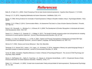 Batty, M., & Taylor, M, J. (2003). ‘Early Processing of the six basic facial emotional expressions’. Cognitive Brain Research, 17, 613-620.
Cheung, S, C, S. (2015). ‘Integrating Multimedia into Autism Intervention’. MultiMedia, 22(4), 4-10.
Ekman, P. (1994) ‘Strong Evidence for Universals in Facial Expressions: A Reply to Russell’s mistaken critique’. Psychological Bulletin, 115(2),
268-87.
Hategan, C, B., & Talas, D. (2014). ‘Communication Matrix – An Assessment Tool Used in a Case of Autism Spectrum Disorders’. Procedia,
127, 169-173.
Rump, K, M., Giovanelli, J, L., Minshew, N, J., & Strauss, M, S. (2009) ‘The Development of Emotion Recognition in Individuals with Autism’.
Child Development, 80(5), 1434-1447.
Sasson, N, J., Pinkham, A, E., Carpenter, K, L., & Belger, A. (2011). ‘The benefit of directly comparing autism and schizophrenia for revealing
mechanisms of social cognitive impairment’. Journal of Neurodevelopmental Disorders, 3(2), 87-100.
Shriberg, L, D., Paul, R., McSweeny, J, L., & Klin, A. (2001). ‘Speech and Prosody Characteristics of Adolescents and Adults With High-
Functioning Autism and Asperger Syndrome’. Journal of Speech, Language, and Hearing Research, 44, 1097-1115.
Skinner, B, F. (1953). ‘Science and Human Behaviour’. New York: Macmillan.
Tambyraja, S, R., Schmitt, M, B., Justice, L, M., Logan, J, A., & Schwarz, S. (2014). ‘Integration of literacy into speech-language therapy: A
descriptive analysis of treatment practices’. Journal of Communication Disorders, 47, 34-46.
Turner, M. (2003). ‘Annotation: Repetitive Behaviour in Autism: A Review of Psychological Research’. The Journal of Child Psychology and
Psychiatry, 40(6), 839-849.
Warren, Z., McPheeters, M, L., Sathe, N., Foss-Feig, J, H., Glasser, A., & Veenstra-VanderWeele, J. (2011). ‘A Systematic Review of Early
Intensive Intervention for Autism Spectrum Disorders’. Pediatrics, 127(5), 1-11.
Widen, S. C., & Russell, J. A. (2003). ‘A closer look at preschoolers’ freely produced labels for facial expressions’. Developmental Psychology,
39, 114–128.
References
 