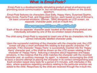 What is Emoji-Podz?
Emoji-Podz is a developmentally stimulating product aimed at enhancing and
promoting social communication in, but not exhaustively children on the autistic
spectrum.
Emoji-Podz features six characters (Sad Sally, Happy Harry, Surprised Sophie,
Angry Annie, Fearful Fred, and Disgusted Danny), each based on one of Ekman’s
six basic universal emotions, (Ekman, 1994) alongside an LCD screen, six
separate ‘character pods’ and an in-built mic.
Each of the six separate ‘character pods’ located at the base of the product are
individually activated by one of the six emotion based characters.
The child using Emoji-Podz is required to insert one of the six characters into the
correct individually labelled character pods.
Upon the successful matching of the character with the character pod, the LCD
screen will play a short animated film relating to that specific character. For
example, if the character ‘Happy Harry’ is successfully inserted into the ‘Happy
Harry’ character pod, a film shall be shown on the LCD screen relating to the
character of ‘Happy Harry’, featuring a storyline about happiness and happy
emotions. In the instance that the child matches the character with the incorrect
character pod, an auditory message ‘try again’, is released, encouraging the child
to have a second attempt at placing the character in its correct corresponding pod.
Each emotion based story lasts for a period of 5 minutes, with interludes in the
story where questions regarding emotions relating to the particular emotion are
asked to the child. Responses by the child are received through the in-built mic.
 