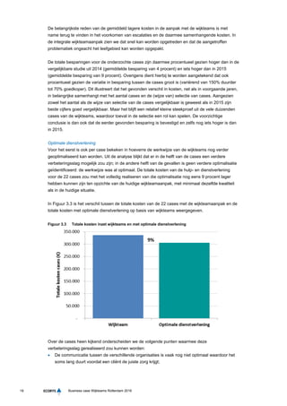 18 Business case Wijkteams Rotterdam 2016
De belangrijkste reden van de gemiddeld lagere kosten in de aanpak met de wijkteams is met
name terug te vinden in het voorkomen van escalaties en de daarmee samenhangende kosten. In
de integrale wijkteamaanpak zien we dat snel kan worden opgetreden en dat de aangetroffen
problematiek ongeacht het leefgebied kan worden opgepakt.
De totale besparingen voor de onderzochte cases zijn daarmee procentueel gezien hoger dan in de
vergelijkbare studie uit 2014 (gemiddelde besparing van 4 procent) en iets hoger dan in 2015
(gemiddelde besparing van 9 procent). Overigens dient hierbij te worden aangetekend dat ook
procentueel gezien de variatie in besparing tussen de cases groot is (variërend van 150% duurder
tot 70% goedkoper). Dit illustreert dat het gevonden verschil in kosten, net als in voorgaande jaren,
in belangrijke samenhangt met het aantal cases en de (wijze van) selectie van cases. Aangezien
zowel het aantal als de wijze van selectie van de cases vergelijkbaar is geweest als in 2015 zijn
beide cijfers goed vergelijkbaar. Maar het blijft een relatief kleine steekproef uit de vele duizenden
cases van de wijkteams, waardoor toeval in de selectie een rol kan spelen. De voorzichtige
conclusie is dan ook dat de eerder gevonden besparing is bevestigd en zelfs nog iets hoger is dan
in 2015.
Optimale dienstverlening
Voor het eerst is ook per case bekeken in hoeverre de werkwijze van de wijkteams nog verder
geoptimaliseerd kan worden. Uit de analyse blijkt dat er in de helft van de cases een verdere
verbeteringsslag mogelijk zou zijn; in de andere helft van de gevallen is geen verdere optimalisatie
geïdentificeerd: de werkwijze was al optimaal. De totale kosten van de hulp- en dienstverlening
voor de 22 cases zou met het volledig realiseren van die optimalisatie nog eens 9 procent lager
hebben kunnen zijn ten opzichte van de huidige wijkteamaanpak, met minimaal dezelfde kwaliteit
als in de huidige situatie.
In Figuur 3.3 is het verschil tussen de totale kosten van de 22 cases met de wijkteamaanpak en de
totale kosten met optimale dienstverlening op basis van wijkteams weergegeven.
Figuur 3.3 Totale kosten inzet wijkteams en met optimale dienstverlening
Over de cases heen kijkend onderscheiden we de volgende punten waarmee deze
verbeteringsslag gerealiseerd zou kunnen worden:
 De communicatie tussen de verschillende organisaties is vaak nog niet optimaal waardoor het
soms lang duurt voordat een cliënt de juiste zorg krijgt;
 