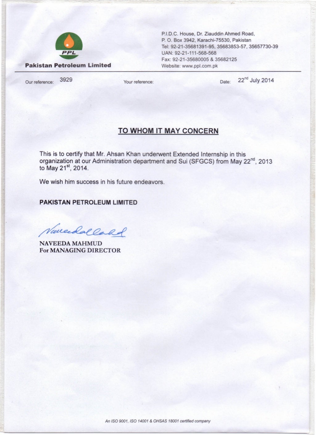 Experience letter of PPL