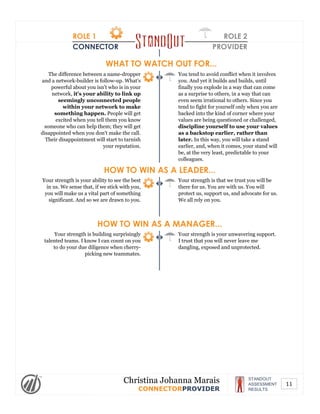 ROLE 1
CONNECTOR
ROLE 2
PROVIDER
WHAT TO WATCH OUT FOR...
The difference between a name-dropper
and a network-builder is follow-up. What's
powerful about you isn't who is in your
network, it's your ability to link up
seemingly unconnected people
within your network to make
something happen. People will get
excited when you tell them you know
someone who can help them; they will get
disappointed when you don't make the call.
Their disappointment will start to tarnish
your reputation.
You tend to avoid conflict when it involves
you. And yet it builds and builds, until
finally you explode in a way that can come
as a surprise to others, in a way that can
even seem irrational to others. Since you
tend to fight for yourself only when you are
backed into the kind of corner where your
values are being questioned or challenged,
discipline yourself to use your values
as a backstop earlier, rather than
later. In this way, you will take a stand
earlier, and, when it comes, your stand will
be, at the very least, predictable to your
colleagues.
HOW TO WIN AS A LEADER...
Your strength is your ability to see the best
in us. We sense that, if we stick with you,
you will make us a vital part of something
significant. And so we are drawn to you.
Your strength is that we trust you will be
there for us. You are with us. You will
protect us, support us, and advocate for us.
We all rely on you.
HOW TO WIN AS A MANAGER...
Your strength is building surprisingly
talented teams. I know I can count on you
to do your due diligence when cherry-
picking new teammates.
Your strength is your unwavering support.
I trust that you will never leave me
dangling, exposed and unprotected.
STANDOUT
ASSESSMENT
RESULTS
Christina Johanna Marais
CONNECTORPROVIDER
11
 