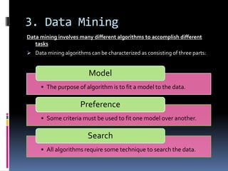3. Data Mining
Data mining involves many different algorithms to accomplish different
tasks
 Data mining algorithms can be characterized as consisting of three parts:
• The purpose of algorithm is to fit a model to the data.
Model
• Some criteria must be used to fit one model over another.
Preference
• All algorithms require some technique to search the data.
Search
 