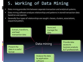 5. Working of Data Mining
 Data mining provides link between separate transaction and analytical systems.
 Data mining software analyzes relationships and patterns in stored transaction data
based on user queries.
 Generally four types of relationships are sought: classes, clusters, associations,
sequential patters.
Extract, transform,
and load
transaction data
Present the
data in a useful
format
Analyze the data
by application
software
Store and
manage the
data
Provide data
access to
business analysts
& IT professionals
Data mining
 