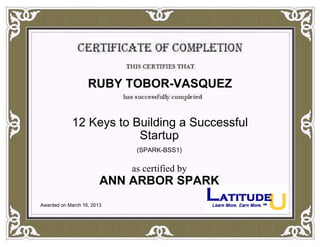 RUBY TOBOR-VASQUEZ
12 Keys to Building a Successful
Startup
(SPARK-BSS1)
as certified by
ANN ARBOR SPARK
Awarded on March 16, 2013
 