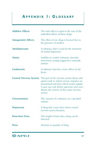 A P P E N D I X 1 : G L O S S A R Y
Additive Effects The total effect is equal to the sum of the
individual effects of those drugs.
Antagonistic Effects The effect of one drug is lessened due to
the presence of another.
Antidepressant A substance that is used for the treatment
of mental depression.
Ataxia Inability to control voluntary muscular
movement causing staggered or unsteady
motion.
Cardiotoxic A substance that has a toxic effect on the
heart.
Central Nervous System The part of the nervous system (brain and
spinal cord) to which sensory impulses are
transmitted and from which motor impuls-
es pass out, and which supervises and coor-
dinates the activity of the entire nervous
system.
Concentration The amount of a substance in a specified
volume.
Depressant A drug that causes slows down central
nervous system function.
Detection Time The length of time that a drug can be
detected.
Dose Amount or quantity of drug.
57
 