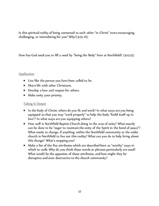 Is this spiritual reality of being connected to each other “in Christ” more encouraging, 
challenging, or intimidating for you? Why?(4:15-16) 
How has God used you to fill a need by “being the Body” here at Northfield? (4:12,15) 
12 
Application 
 Live like the person you have been called to be. 
 Share life with other Christians. 
 Develop a love and respect for others. 
 Make unity your priority. 
Taking It Deeper 
 In the body of Christ, where do you fit and work? In what ways are you being 
equipped so that you may “work properly” to help the body “build itself up in 
love”? In what ways are you equipping others? 
 How well is Northfield Baptist Church doing in the area of unity? What exactly 
can be done to be “eager to maintain the unity of the Spirit in the bond of peace”? 
What needs to change, if anything, within the Northfield community or the wider 
church in Northfield to live out this reality? What can you do to help bring about 
this change? What’s stopping you? 
 Make a list of the five attributes which are described here as “worthy” ways in 
which to walk. Why do you think these words or phrases particularly are used? 
What would be the opposites of these attributes, and how might they be 
disruptive and even destructive to the church community? 
 