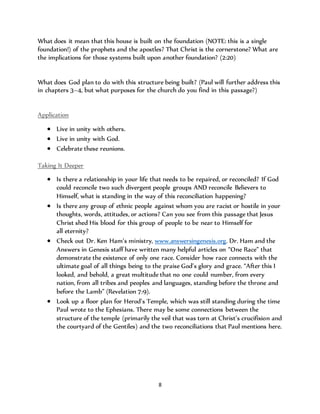 What does it mean that this house is built on the foundation (NOTE: this is a single 
foundation!) of the prophets and the apostles? That Christ is the cornerstone? What are 
the implications for those systems built upon another foundation? (2:20) 
What does God plan to do with this structure being built? (Paul will further address this 
in chapters 3–4, but what purposes for the church do you find in this passage?) 
8 
Application 
 Live in unity with others. 
 Live in unity with God. 
 Celebrate these reunions. 
Taking It Deeper 
 Is there a relationship in your life that needs to be repaired, or reconciled? If God 
could reconcile two such divergent people groups AND reconcile Believers to 
Himself, what is standing in the way of this reconciliation happening? 
 Is there any group of ethnic people against whom you are racist or hostile in your 
thoughts, words, attitudes, or actions? Can you see from this passage that Jesus 
Christ shed His blood for this group of people to be near to Himself for 
all eternity? 
 Check out Dr. Ken Ham’s ministry, www.answersingenesis.org. Dr. Ham and the 
Answers in Genesis staff have written many helpful articles on “One Race” that 
demonstrate the existence of only one race. Consider how race connects with the 
ultimate goal of all things being to the praise God’s glory and grace. “After this I 
looked, and behold, a great multitude that no one could number, from every 
nation, from all tribes and peoples and languages, standing before the throne and 
before the Lamb” (Revelation 7:9). 
 Look up a floor plan for Herod’s Temple, which was still standing during the time 
Paul wrote to the Ephesians. There may be some connections between the 
structure of the temple (primarily the veil that was torn at Christ’s crucifixion and 
the courtyard of the Gentiles) and the two reconciliations that Paul mentions here. 
 