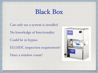 Black Box
Can only see a system is installed
No knowledge of functionality
Could be in bypass
ELGSDC inspection requirement?
Does a window count?
 