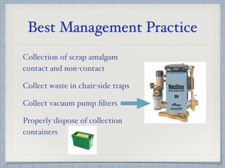 Best Management Practice
Collection of scrap amalgam
contact and non-contact
Collect waste in chair-side traps
Collect vacuum pump ﬁlters
Properly dispose of collection
containers
 