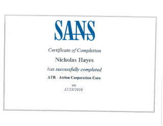 SANS Cyber Security Training Certificate