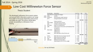 Low Cost Millinewton Force Sensor
Thesis Student
Fall 2014 – Spring 2016
The developed millinewton force sensor system
cost around $200. Alternative systems can range
from $300 to thousands depending what sensor
and DAQs are used. This sensor would allow
greater accessibility to millinewton force
sensing.
Part Number Description Unit Price Qty. Total
SDG-3/350-LY11 Omega Strain Gauges 7.70$ 2 15.40$
8265S JB Weld 6.34$ 1 6.34$
NW-026-72 Nitinol #1 Wire, 0.026" diameter 0.24$ 4 0.97$
BTP-1 Omega Bondable terminal pads 0.57$ 1 0.57$
Sub total 23.28$
n/a Arduino Uno Rev 3 19.95$ 1 19.95$
ARD-LTC2499 24-Bit ADC Arduino Shield 50.00$ 1 50.00$
1833 USB Micro-B Breakout Board 3.21$ 1 3.21$
DEV-07914 Spark Fun ProtoShield Kit 9.95$ 1 9.95$
1609 Adafruit Perma-Proto Half-sized Breadboard PCB 4.50$ 1 4.50$
1uF capacitor 1.50$ 2 3.00$
47kΩ Resistor 0.30$ 2 0.60$
100Ω Resistor 0.30$ 4 1.19$
10KΩ Resistor 0.30$ 2 0.60$
108639 Micro USB Cable 1.5ft w/ ferrite core 3.22$ 1 3.22$
Sub total 96.21$
SQ334 6061-T6511 Aluminum Square stock 2ft 8.08$ 1 8.08$
A311214 6061-T6 Aluminum Angle 2ft 9.72$ 1 9.72$
1010 8020 T-Slotted Extrusion 48" 23.20$ 1 23.20$
3393-25pk 8020 Bolt Assembly (25pk.) 18.10$ 1 18.10$
Acrylic Sheets 11.75" x 11.75" x 0.098" 3.75$ 6 22.50$
Sub total 81.60$
201.10$
Radio Shack
Strain
gauge
DAQSystemTestStand
Total
5
John Chiu
Mechanical Engineer
Click here for my full thesis
 