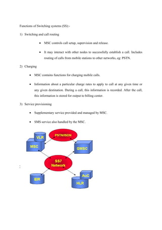 Functions of Switching systems (SS):-
1) Switching and call routing
• MSC controls call setup, supervision and release.
• It may interact with other nodes to successfully establish a call. Includes
routing of calls from mobile stations to other networks, eg: PSTN.
2) Charging
• MSC contains functions for charging mobile calls.
• Information about a particular charge rates to apply to call at any given time or
any given destination. During a call, this information is recorded. After the call,
this information is stored for output to billing center.
3) Service provisioning
• Supplementary service provided and managed by MSC.
• SMS service also handled by the MSC.
 