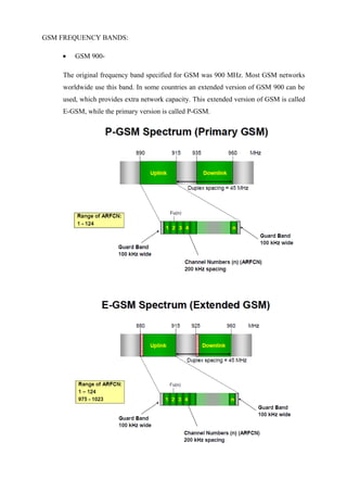 GSM FREQUENCY BANDS:
• GSM 900-
The original frequency band specified for GSM was 900 MHz. Most GSM networks
worldwide use this band. In some countries an extended version of GSM 900 can be
used, which provides extra network capacity. This extended version of GSM is called
E-GSM, while the primary version is called P-GSM.
 