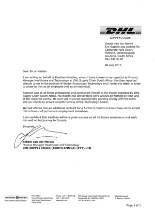 Letter of Recommendation - DHL Supply Chain South Africa