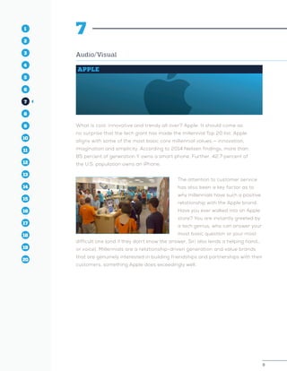 9
1
2
3
4
5
10
6
14
12
8
16
11
7
15
13
9
17
19
18
20
9
1
2
3
4
10
6
14
12
8
16
11
7
15
5
13
9
17
19
18
20
7
Audio/Visual
APPLE
What is cool, innovative and trendy all over? Apple. It should come as
no surprise that the tech giant has made the millennial Top 20 list. Apple
aligns with some of the most basic core millennial values — innovation,
imagination and simplicity. According to 2014 Neilsen findings, more than
85 percent of generation Y owns a smart phone. Further, 42.7 percent of
the U.S. population owns an iPhone.
The attention to customer service
has also been a key factor as to
why millennials have such a positive
relationship with the Apple brand.
Have you ever walked into an Apple
store? You are instantly greeted by
a tech genius, who can answer your
most basic question or your most
difficult one (and if they don’t know the answer, Siri also lends a helping hand…
or voice). Millennials are a relationship-driven generation and value brands
that are genuinely interested in building friendships and partnerships with their
customers, something Apple does exceedingly well.
 