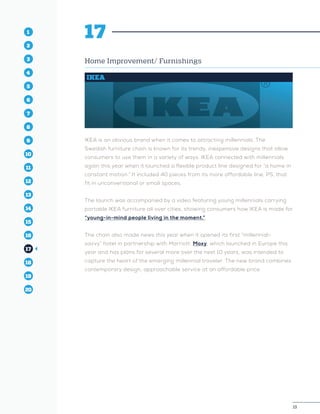 19
1
2
3
4
5
10
6
14
12
8
16
11
7
15
13
9
17
19
18
20
19
1
2
3
4
10
6
14
12
8
16
11
7
15
5
13
9
17
19
18
20
17
Home Improvement/ Furnishings
IKEA
IKEA is an obvious brand when it comes to attracting millennials. The
Swedish furniture chain is known for its trendy, inexpensive designs that allow
consumers to use them in a variety of ways. IKEA connected with millennials
again this year when it launched a flexible product line designed for “a home in
constant motion.” It included 40 pieces from its more affordable line, PS, that
fit in unconventional or small spaces.
The launch was accompanied by a video featuring young millennials carrying
portable IKEA furniture all over cities, showing consumers how IKEA is made for
“young-in-mind people living in the moment.”
The chain also made news this year when it opened its first “millennial-
savvy” hotel in partnership with Marriott. Moxy, which launched in Europe this
year and has plans for several more over the next 10 years, was intended to
capture the heart of the emerging millennial traveler. The new brand combines
contemporary design, approachable service at an affordable price.
 