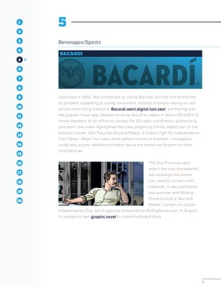 7
1
2
3
4
5
10
6
14
12
8
16
11
7
15
13
9
17
19
18
20
7
1
2
3
4
10
6
14
12
8
16
11
7
15
5
13
9
17
19
18
20
5
Beverages/Spirits
BACARDI
Launched in 1862, few brands are as old as Bacardi, but the rum brand has
no problem appealing to young consumers. Instead of simply relying on old-
school advertising mediums, Bacardi went digital last year, partnering with
the popular music app, Shazam to show one of its videos in about 100,000 U.S.
movie theaters. In an effort to convey the 151-year-old brand’s authenticity
and spirit, the video highlighted the roles played by Emilio, eldest son of the
brand’s founder, Don Facundo Bacardi Massó, in Cuba’s fight for independence
from Spain. When the video aired before movies in theaters, moviegoers
could also access additional content about the brand via Shazam on their
smartphones.
The Don Facundo spot
wasn’t the only shareworthy
ad campaign the brand
has used to connect with
millenials. It also partnered
last summer with Rolling
Stone to host a “Bacardi
Rebels” concert on Cuban
Independence Day, which was live-streamed on RollingStone.com. In August,
it created its own graphic novel to share the brand story.
 