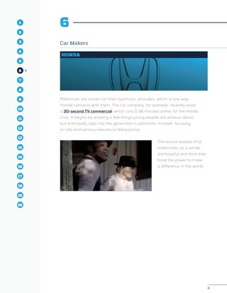 8
1
2
3
4
5
10
6
14
12
8
16
11
7
15
13
9
17
19
18
20
8
1
2
3
4
10
6
14
12
8
16
11
7
15
5
13
9
17
19
18
20
6
Car Makers
HONDA
Millennials are known for their optimistic attitudes, which is one way
Honda connects with them. The car company, for example, recently aired
a 30-second TV commercial, which runs 2:38 minutes online, for the Honda
Civic. It begins by showing a few things young people are anxious about,
but eventually taps into the generation’s optimistic mindset, focusing
on silly and serious reasons to feel positive.
The brand realizes that
millennials, as a whole,
are hopeful and think they
have the power to make
a difference in the world.
 