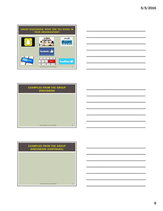 5/5/2016
9
GROUP DISCUSSION: WHAT ARE YOU DOING IN
YOUR ORGANIZATION?
USING TECHNOLOGY TO YOUR ADVANTAGE 25
EXAMPLES FROM THE GROUP
DISCUSSION
USING TECHNOLOGY TO YOUR ADVANTAGE 26
EXAMPLES FROM THE GROUP
DISCUSSION (CONTINUED)
USING TECHNOLOGY TO YOUR ADVANTAGE 27
 