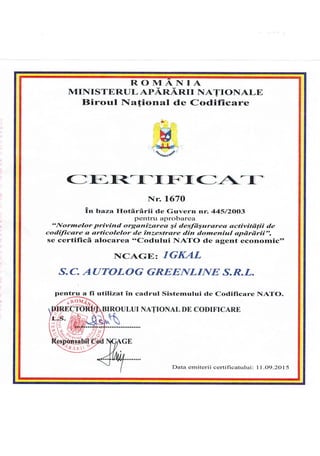 NATO - NCAGE Certificate  2015