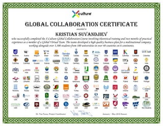  
GLOBAL COLLABORATION CERTIFICATE
awarded to
KRISTIAN SUVANDJIEV
who successfully completed the X-Culture Global Collaboration Course involving theoretical training and two months of practical
experience as a member of a Global Virtual Team. The teams developed a high-quality business plan for a multinational company,
working alongside over 3,300 students from 100 universities in over 40 countries on 6 continents.
Australia Austria Belgium Brazil Canada Canada Canada Canada China China Colombia Colombia Colombia Colombia
Colombia Colombia Ecuador Estonia
 
France France Germany Ghana Greece Grenada India India India
 
India
India India India India India India Indonesia Italy Italy Italy Japan Kazakhstan Kenya S. Korea
Latvia Lithuania Lithuania Malaysia Mexico Mexico Netherlands Nigeria Oman Pakistan Peru Poland Poland Portugal
Romania Russia Russia Russia Slovakia Spain Turkey Turkey UAE UK UK Ukraine USA USA
USA USA USA USA USA USA USA USA USA USA USA USA USA USA
USA USA USA USA USA USA USA USA USA USA USA USA USA Non-Students
Dr. Vas Taras, Project Coordinator January – May 2016 Season
 