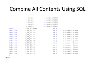 Combine All Contents Using SQL
, i.length as length_201207
, j.length as length_201208
, k.length as length_201209
, l.length as length_201210
, m.length as length_201211
from TS_BR_AllNames as a
left join TS_BR_201112 as b on a.name = b.name
left join TS_BR_201201 as c on a.name = c.name
left join TS_BR_201202 as d on a.name = d.name
left join TS_BR_201203 as e on a.name = e.name
left join TS_BR_201204 as f on a.name = f.name
left join TS_BR_201205 as g on a.name = g.name
left join TS_BR_201206 as h on a.name = h.name
left join TS_BR_201207 as i on a.name = i.name
left join TS_BR_201208 as j on a.name = j.name
left join TS_BR_201209 as k on a.name = k.name
left join TS_BR_201210 as l on a.name = l.name
left join TS_BR_201211 as m on a.name = m.name
;
quit;
 