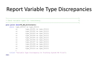 Report Variable Type Discrepancies
*-------------------------------------------------------------------------------*;
* Check variable types for consistency. *;
*-------------------------------------------------------------------------------*;
proc print data=TS_BR_AllContents;
where type_201112 ne type_201211
or type_201201 ne type_201211
or type_201202 ne type_201211
or type_201203 ne type_201211
or type_201204 ne type_201211
or type_201205 ne type_201211
or type_201206 ne type_201211
or type_201207 ne type_201211
or type_201208 ne type_201211
or type_201209 ne type_201211
or type_201210 ne type_201211
;
title3 'Variable Type Discrepancy On Tracking System BR Files';
run;
 