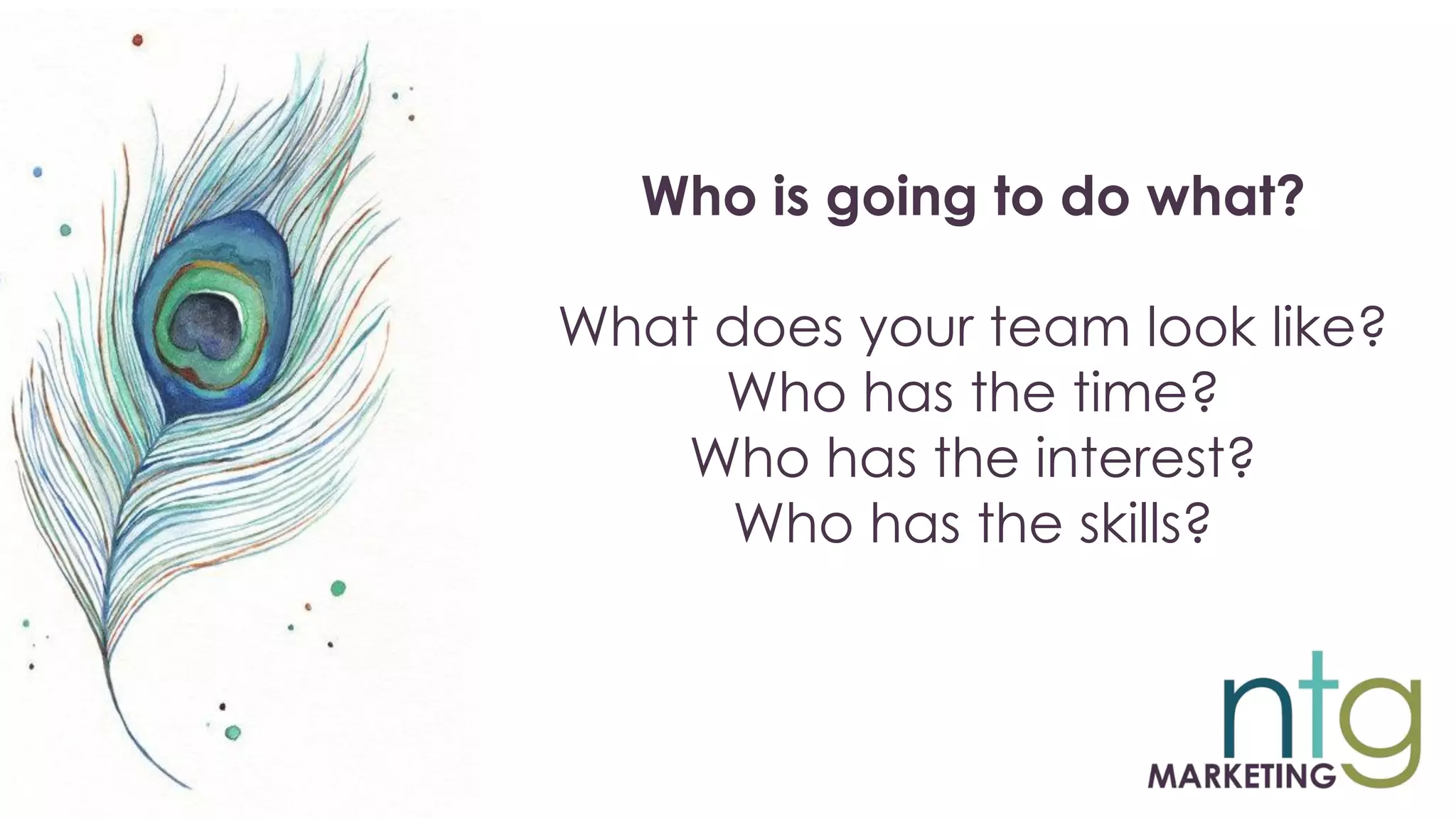 Who is going to do what?
What does your team look like?
Who has the time?
Who has the interest?
Who has the skills?
 