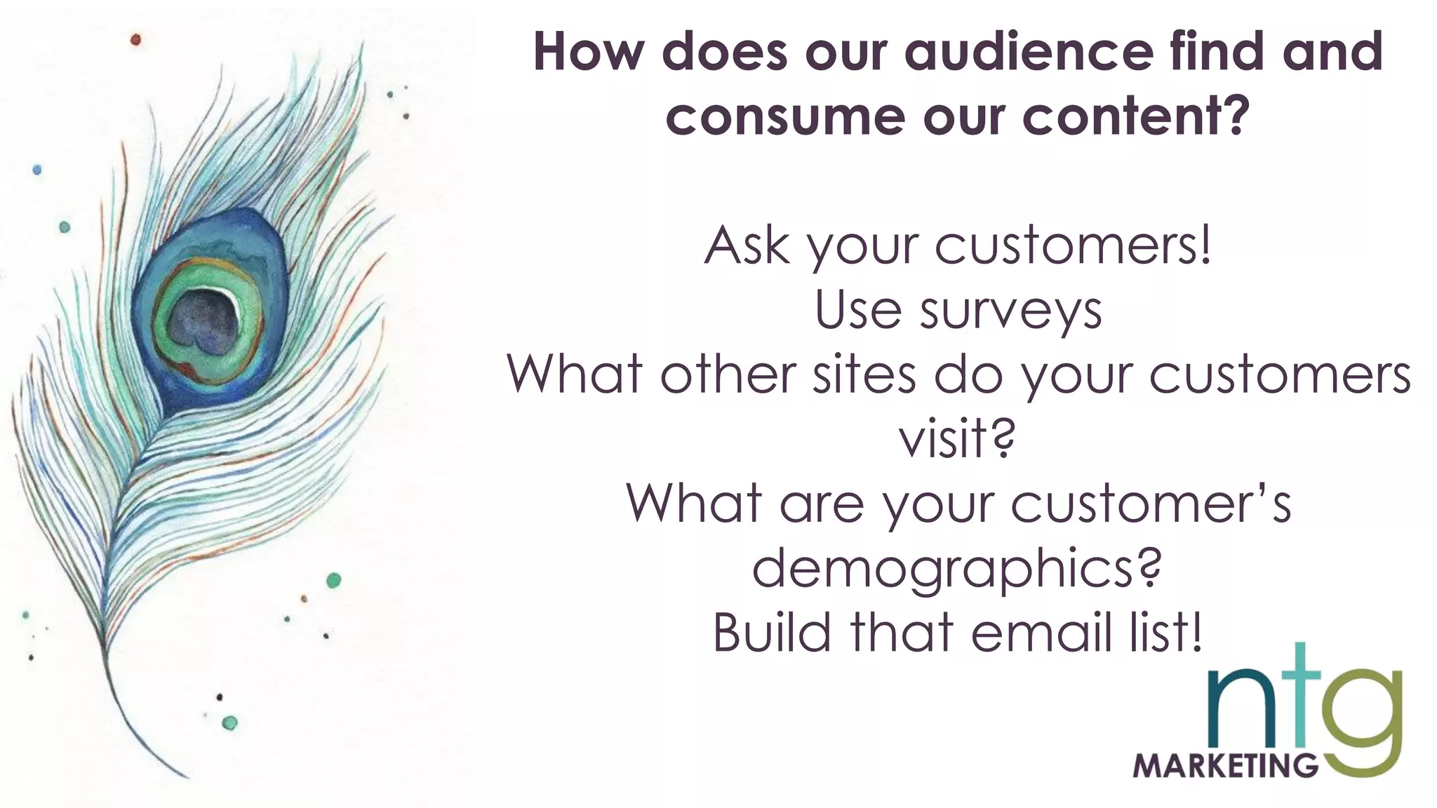How does our audience find and
consume our content?
Ask your customers!
Use surveys
What other sites do your customers
visit?
What are your customer’s
demographics?
Build that email list!
 
