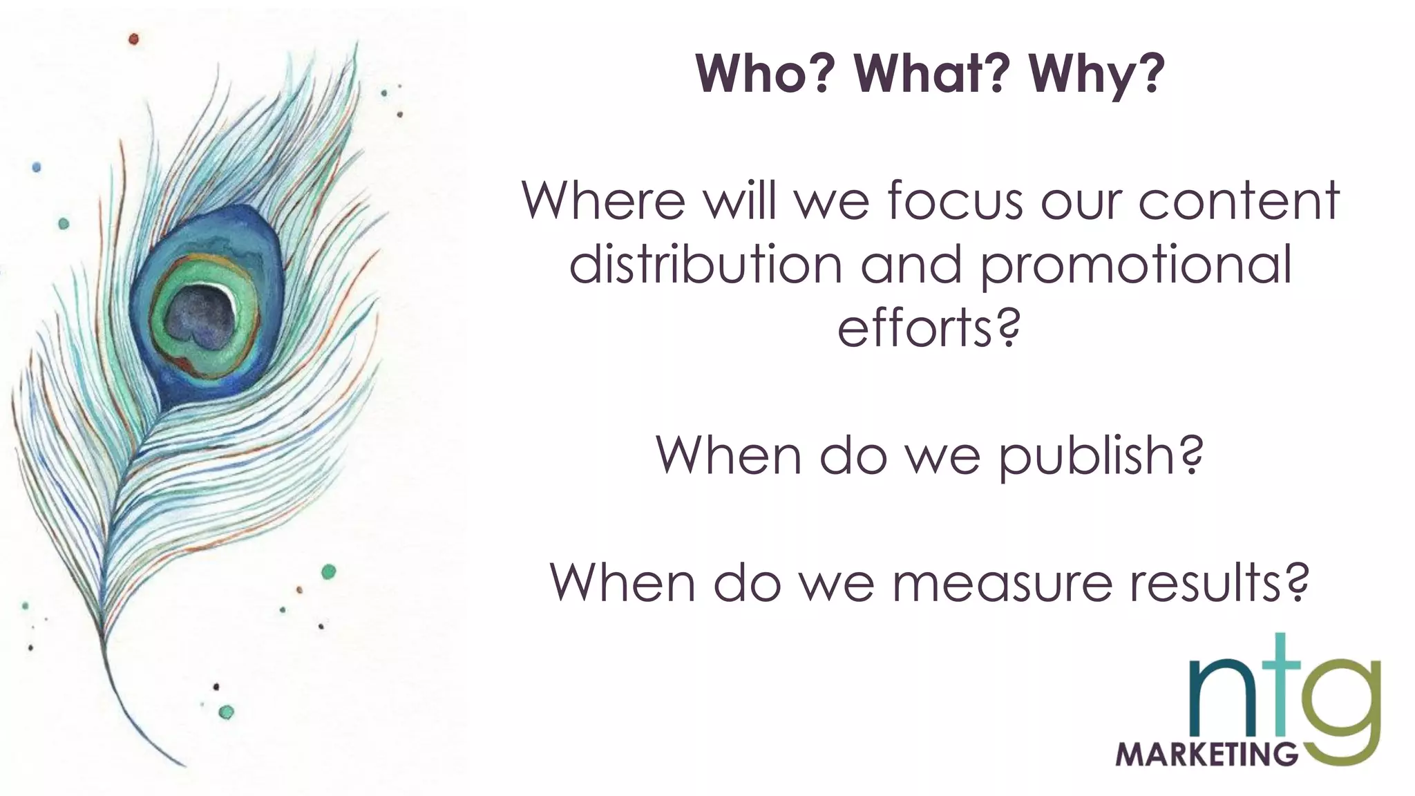 Who? What? Why?
Where will we focus our content
distribution and promotional
efforts?
When do we publish?
When do we measure results?
 