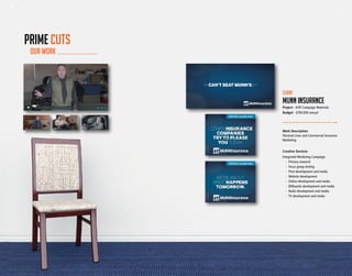 20 21
Work Description
Personal Lines and Commercial Insurance
Marketing
Creative Services
Integrated Marketing Campaign:
	 -	 Primary research
	 -	 Focus group testing
	 -	 Print development and media
	 -	 Website development
	 -	 Online development and media
	 -	 Billboards development and media
	 -	 Radio development and media
	 -	 TV development and media
Client
MUNN INSURANCE
Project - AOR Campaign Materials
Budget - $700,000 annual
OUR WORK
PRIME CUTS
20 21
 