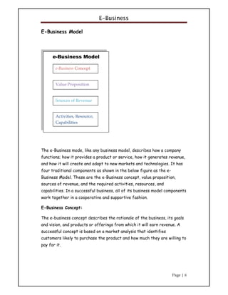 E-Business
Page | 6
E-Business Model
The e-Business mode, like any business model, describes how a company
functions; how it provides a product or service, how it generates revenue,
and how it will create and adapt to new markets and technologies. It has
four traditional components as shown in the below figure as the e-
Business Model. These are the e-Business concept, value proposition,
sources of revenue, and the required activities, resources, and
capabilities. In a successful business, all of its business model components
work together in a cooperative and supportive fashion.
E-Business Concept:
The e-business concept describes the rationale of the business, its goals
and vision, and products or offerings from which it will earn revenue. A
successful concept is based on a market analysis that identifies
customers likely to purchase the product and how much they are willing to
pay for it.
e-Business Model
e-Business Concept
Value Proposition
Sources of Revenue
Activities, Resource,
Capabilities
 