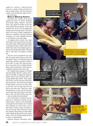 snakes. So — poor me — I had to go to her
house for a couple of days and show her
how to handle snakes. She was dressed in
a bikini, and I would drape snakes on her.”
Yes, poor Jules.
Mary’s Missing Python
Sometimes Jules’ reptiles end up on the
cutting room floor. In There’s Something
About Mary, Jeffrey Tambor’s character
owns a dog, visible in the film, but he also
owns a large Burmese python. “If you look
carefully, you can see it in the background
during a scene in his apartment,” Jules said.
Later in the movie, Tambor’s apartment is
shown in a shambles, with dog excrement
everywhere. It’s never explained why this
is, and Tambor is never seen again.
As originally shot, however, the snake
eats Tambor, and is discovered in the apart-
ment with a huge, Tambor-sized lump inside
it, achieved by using a rubber snake with a
rubber body inside it (the deleted scene ap-
pears on the special edition DVD). “When we
saw it,” Jules said, “we laughed our heads
off.”
Jules has never encountered any actor
who was upset about having to work with
his reptiles. “They’ve all read the script and
signed their contracts, and they’re ready to
go to work,” he said. Still, Jules puts peo-
ple at ease when they’re working with his
herps, and his main goal is that everyone,
including his animals, goes home alive.
He’s supplied green iguanas for Godzilla
and Dude, Where’s My Car?, snakes and liz-
ards for The Hulk, an alligator for Johnson’s
Family Vacation and red-eared sliders for
Teenage Mutant Ninja Turtles. “They needed
three turtles, and the trick was to find three
that would move,” Jules said. So he brought
10 baby sliders to the set, put them down
on the floor, and the three that were the
first to move were used. “They had to walk
through slime,” he said, “and the next time
you see them they’re half human, half turtle.
That’s where the Ninja Turtles came from
— they’re actually red-eared sliders!”
Just as actors have to audition for roles,
Jules has to audition his reptiles. He typ-
ically brings a variety so the filmmakers
can choose the ones they like. He’s worked
with Spielberg on several films, and he
likes Jules to bring a bunch of animals to
the set every day. Jules will bring a cooler
that contains clear plastic jars with snakes
inside. Spielberg will marvel at the snakes
and go, “Ooh, ooh!” before picking the ones
he wants to shoot that day.
American Humane Association repre-
60	 r e p t i l e s m a g a z i n e • f e b r u a r y , 2 0 0 5
courtesyjulessylvester
russcase
clayjackson
REPTILES Editor Russ Case meets the
now-100-pound, 17-foot-long albino
Burmese python that Salma Hayek
danced with in From Dusk Till Dawn.
clayjackson
This olive python is one
of many herps Jules
keeps at Reptile Rentals.
Jules gives REPTILES
Managing Editor Clay
Jackson an up-close look
at a western diamond-
back rattlesnake.
Jules acts up when his
character is bitten by a
(rubber) rattlesnake in the
Jean-Claude Van Damme
movie Hard Target.
 