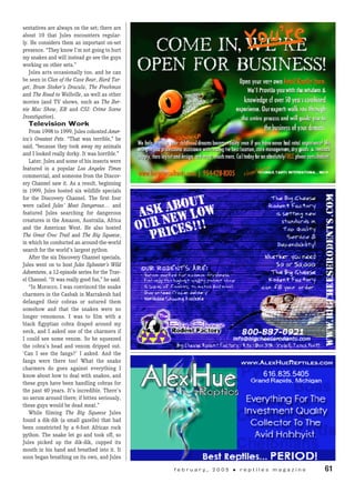 sentatives are always on the set; there are
about 10 that Jules encounters regular-
ly. He considers them an important on-set
presence. “They know I’m not going to hurt
my snakes and will instead go see the guys
working on other sets.”
Jules acts occasionally too, and he can
be seen in Clan of the Cave Bear, Hard Tar­
get, Bram Stoker’s Dracula, The Freshman
and The Road to Wellville, as well as other
movies (and TV shows, such as The Ber­
nie Mac Show, ER and CSI: Crime Scene
Investigation).
Television Work
From 1998 to 1999, Jules cohosted Amer­
ica’s Greatest Pets. “That was terrible,” he
said, “because they took away my animals
and I looked really dorky. It was horrible.”
Later, Jules and some of his insects were
featured in a popular Los Angeles Times
commercial, and someone from the Discov-
ery Channel saw it. As a result, beginning
in 1999, Jules hosted six wildlife specials
for the Discovery Channel. The first four
were called Jules’ Most Dangerous… and
featured Jules searching for dangerous
creatures in the Amazon, Australia, Africa
and the American West. He also hosted
The Great Croc Trail and The Big Squeeze,
in which he conducted an around-the-world
search for the world’s largest python.
After the six Discovery Channel specials,
Jules went on to host Jules Sylvester’s Wild
Adventures, a 12-episode series for the Trav-
el Channel. “It was really good fun,” he said.
“In Morocco, I was convinced the snake
charmers in the Casbah in Marrakesh had
defanged their cobras or sutured them
somehow and that the snakes were no
longer venomous. I was to film with a
black Egyptian cobra draped around my
neck, and I asked one of the charmers if
I could see some venom. So he squeezed
the cobra’s head and venom dripped out.
‘Can I see the fangs?’ I asked. And the
fangs were there too! What the snake
charmers do goes against everything I
know about how to deal with snakes, and
these guys have been handling cobras for
the past 40 years. It’s incredible. There’s
no serum around there; if bitten seriously,
these guys would be dead meat.”
While filming The Big Squeeze Jules
found a dik-dik (a small gazelle) that had
been constricted by a 6-foot African rock
python. The snake let go and took off, so
Jules picked up the dik-dik, cupped its
mouth in his hand and breathed into it. It
soon began breathing on its own, and Jules
	 f e b r u a r y , 2 0 0 5 • r e p t i l e s m a g a z i n e 	 61
 