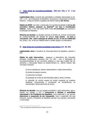51
I - Ação direta de inconstitucionalidade - ADI (art. 102, I, “a” e Lei
9.868/99)
Legitimidade ativa : somente das autoridades e entidades relacionadas no art.
103, I a IX , da Constituição da República, incluindo-se o Governador do Distrito
Federal e a Mesa da Câmara Legislativa do Distrito Federal (EC 45/04).
Objeto da ADIN: visa obter a declaração de inconstitucionalidade de lei ou ato
normativo federal, estadual ou distrital85
em face à Constituição
Federal. Assim, o STF não aceita ADIN contra lei municipal que contrarie a
Constituição da República.
Eficácias da decisão: as decisões judiciais no âmbito do controle concentrado
de constitucionalidade são dotadas de eficácia erga omnes, ex tunc e
vinculante. (Ver sobre restrição de efeitos no art. 27 da Lei 9.868/99)
Ver, ainda, o art. 24 da Lei 9.868/99 sobre o caráter dúplice ou ambivalente.
II - Ação direta de inconstitucionalidade interventiva (art. 36, III)
Legitimidade ativa: é privativa do Procurador-Geral da República, perante o
STF.
Objeto da ação interventiva: assegurar a observância dos chamados
princípios constitucionais sensíveis (art. 34, VII) , com a declaração de
inconstitucionalidade de ato normativo estadual e, caso essa medida não for
suficiente, a intervenção federal no Estado-membro ou Distrito Federal. São
"princípios sensíveis":
a) forma republicana, sistema representativo e regime democrático;
b) direitos da pessoa humana;
c) autonomia municipal;
d) prestação de contas da administração pública, direta e indireta.
e) aplicação do mínimo exigido da receita resultante de impostos
estaduais, compreendida a proveniente de transferências, na
manutenção e desenvolvimento do ensino.
Eficácias da decisão: uma vez julgada procedente a ação interventiva, após o
trânsito em julgado, o STF o comunicará a decisão à autoridade
interessada e ao Presidente da República, único legitimado a, por decreto
determinar a suspensão do ato impugnado. Caso a suspensão não seja
suficiente, deverá o Presidente da República decretar novo decreto, executando
a intervenção.
85
Nas competências equivalentes aos Estados-membros.
 