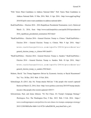 Gerard !34
"Poll: Voters Want Candidates to Address National Debt." Poll: Voters Want Candidates to
Address National Debt. 15 Mar. 2016. Web. 11 Apr. 2016. <http://www.pgpf.org/blog/
2016/03/poll-voters-want-candidates-to-address-national-debt>.
RealClearPolitics - Election 2016 - 2016 Republican Presidential Nomination. (n.d.). Retrieved
March 21, 2016, from <http://www.realclearpolitics.com/epolls/2016/president/us/
2016_republican_presidential_nomination-3823.html>
"RealClearPolitics - Election 2016 - General Election: Trump vs. Clinton." RealClearPolitics -
Election 2016 - General Election: Trump vs. Clinton. Web. 9 Apr. 2016. <http://
w w w . r e a l c l e a r p o l i t i c s . c o m / e p o l l s / 2 0 1 6 / p r e s i d e n t / u s /
general_election_trump_vs_clinton-5491.html#!>.
"RealClearPolitics - Election 2016 - General Election: Trump vs. Sanders." RealClearPolitics -
Election 2016 - General Election: Trump vs. Sanders. Web. 10 Apr. 2016. <http://
w w w . r e a l c l e a r p o l i t i c s . c o m / e p o l l s / 2 0 1 6 / p r e s i d e n t / u s /
general_election_trump_vs_sanders-5565.html>.
Roberts, David. "Are Trump Supporters Driven by Economic Anxiety or Racial Resentment?
Yes." Vox. 30 Dec. 2015. Web. 15 Feb. 2016.
Schreckinger, B. (2015, July 18). Trump attacks McCain: 'I like people who weren't captured'
Retrieved March 22, 2016, from <http://www.politico.com/story/2015/07/trump-attacks-
mccain-i-like-people-who-werent-captured-120317>
Schwartzman, Paul, and Jenna Johnson. "It's Not Chaos. It's Trump's Campaign Strategy."
Washington Post. The Washington Post, 9 Dec. 2015. Web. 9 Feb. 2016. <https://
www.washingtonpost.com/politics/its-not-chaos-its-trumps-campaign-strategy/
2015/12/09/9005a5be-9d68-11e5-8728-1af6af208198_story.html?tid=a_inl>.
 
