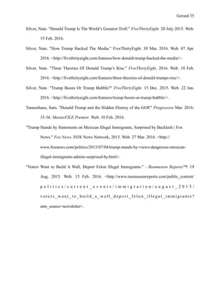 Gerard !35
Silver, Nate. "Donald Trump Is The World’s Greatest Troll." FiveThirtyEight. 20 July 2015. Web.
15 Feb. 2016.
Silver, Nate. "How Trump Hacked The Media." FiveThirtyEight. 30 Mar. 2016. Web. 07 Apr.
2016. <http://fivethirtyeight.com/features/how-donald-trump-hacked-the-media/>.
Silver, Nate. "Three Theories Of Donald Trump’s Rise." FiveThirtyEight. 2016. Web. 10 Feb.
2016. <http://fivethirtyeight.com/features/three-theories-of-donald-trumps-rise/>.
Silver, Nate. "Trump Boom Or Trump Bubble?" FiveThirtyEight. 15 Dec. 2015. Web. 22 Jan.
2016. <http://fivethirtyeight.com/features/trump-boom-or-trump-bubble/>.
Tannenhaus, Sam. "Donald Trump and the Hidden History of the GOP." Progressive Mar. 2016:
33-36. MasterFILE Premier. Web. 10 Feb. 2016.
"Trump Stands by Statements on Mexican Illegal Immigrants, Surprised by Backlash | Fox
News." Fox News. FOX News Network, 2015. Web. 27 Mar. 2016. <http://
www.foxnews.com/politics/2015/07/04/trump-stands-by-views-dangerous-mexican-
illegal-immigrants-admits-surprised-by.html>.
"Voters Want to Build A Wall, Deport Felon Illegal Immigrants." - Rasmussen Reports™. 19
Aug. 2015. Web. 15 Feb. 2016. <http://www.rasmussenreports.com/public_content/
p o l i t i c s / c u r r e n t _ e v e n t s / i m m i g r a t i o n / a u g u s t _ 2 0 1 5 /
v o t e r s _ w a n t _ t o _ b u i l d _ a _ w a l l _ d e p o r t _ f e l o n _ i l l e g a l _ i m m i g r a n t s ?
utm_source=newsletter>.
 