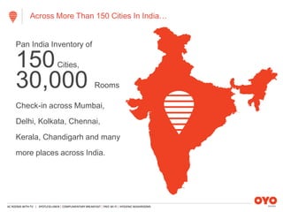 AC ROOMS WITH TV | SPOTLESS LINEN | COMPLIMENTARY BREAKFAST | FREE WI-FI | HYGIENIC WASHROOMS
Pan India Inventory of
150Cities,
30,000 Rooms
Check-in across Mumbai,
Delhi, Kolkata, Chennai,
Kerala, Chandigarh and many
more places across India.
Across More Than 150 Cities In India…
 