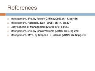 References
 Management, 8the, by Rickey Griffin (2005),ch.14, pg.436
 Management, Richard L. Daft (2008), ch.14, pg.307
 Encyclopedia of Management (2009), 8the, pg:369
 Management, 5the, by kinaki Williams (2010), ch.9, pg.270
 Management, 11the, by Stephen P. Robbins (2012), ch.12,pg.310
 