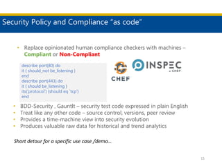 Security Policy and Compliance “as code”
15
• Replace opinionated human compliance checkers with machines –
Compliant or Non-Compliant
describe port(80) do
it { should_not be_listening }
end
describe port(443) do
it { should be_listening }
its('protocol') {should eq 'tcp'}
end
• BDD-Security , Gauntlt – security test code expressed in plain English
• Treat like any other code – source control, versions, peer review
• Provides a time-machine view into security evolution
• Produces valuable raw data for historical and trend analytics
Short detour for a specific use case /demo…
 