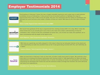 Well done on a great day, we really enjoyed it. A bit crazy in there but we had great interest at the stand and
more importantly we made two excellent hires so far! It was great being involved with this, we'll definitely do
it again.
Suzanne Whelan, Talent Acquisition Manager, Version 1.
Participating in Februarys' Career Zoo was a hugely enjoyable experience and a great way to meet potential
candidates across all disciplines. It also proved to be an excellent platform to highlight the range of
opportunities Kerry has to offer across the globe. We were very impressed with the calibre of candidates who
attended the event and have since made a number of hires as a result. Well done to all of the team at Career
Zoo.
Sharon Corbett, Regional Head of Recruitment, Kerry EMEA.
Employer Testimonials 2014
When we were here in February it was our first time, we didn’t really know what to expect. We achieved a four-
time return on investment by being a participant and received close to 1,000 applications for Sales and Sales
Administration roles with several excellent hires. In terms of building our brand, our participation, the excellent
advertising we developed with Career Zoo and the extensive media coverage that resulted; the event delivered
well above our expectations.
Geraldine Finn; Human Resources Director, ServiceSource.
We recruit from graduate all the way to experienced hire, looking at about 200 C.V.s a day. What I really like
about Career Zoo is you actually get to put a face to the name and a better understanding of what the
candidate is like. In terms of the tech candidates at Career Zoo, a lot of them are really well qualified; we’ve
been overwhelmed with the depth of the talent so far.
Keith Stephens, Talent Acquisition Specialist. Accenture.
 